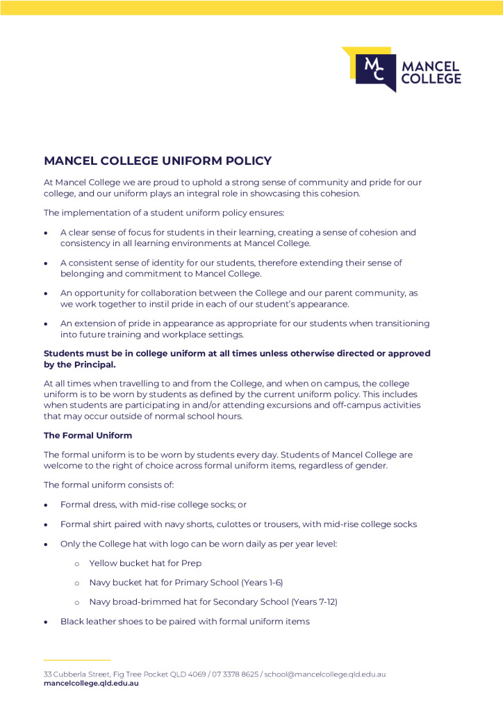 Mancel College Uniform Policy